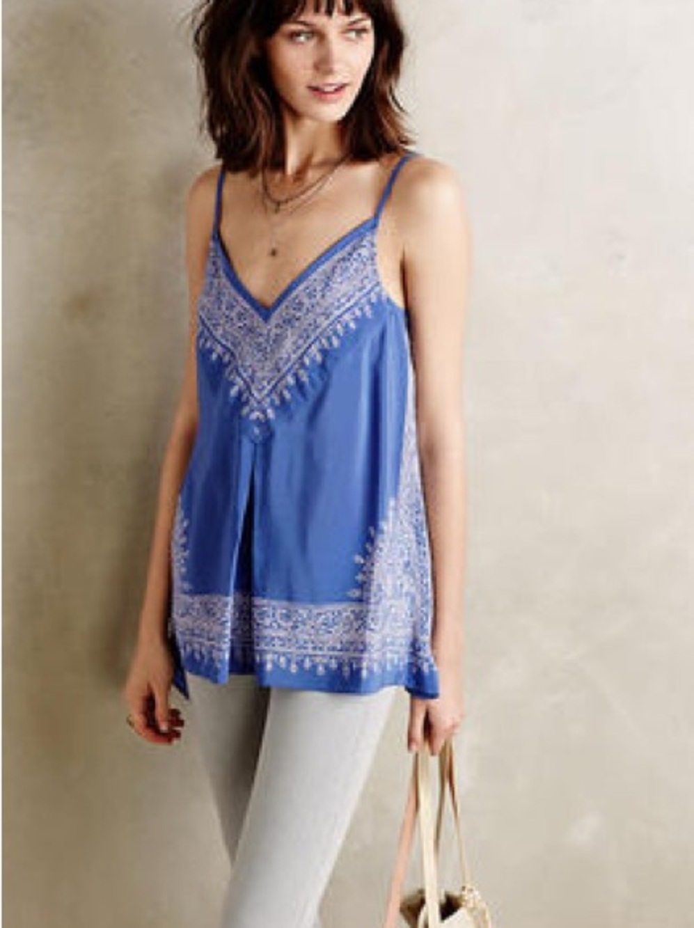 anthropologie V-Neck Blue Printed asymmetrical Spaghetti Strap Tank Top
